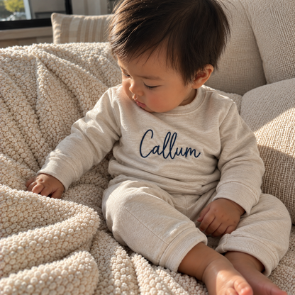 Personalized Embroidered Baby Name Sweatsuit – Oatmeal Matching Set