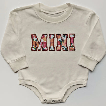 cream beige mama and mini embroidered applique sweatshirt onesie bodysuit bubble newborn gift baby shower newborn coming home from hospital outfits sleeve embroideryf