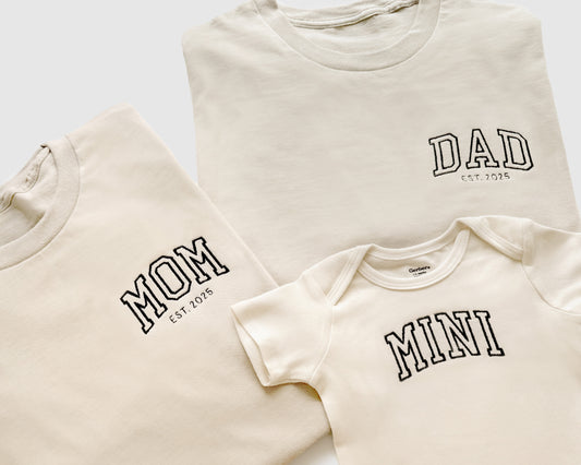 mom dad mini neutral embroidered embroidery t shirts onesies baby toddler 