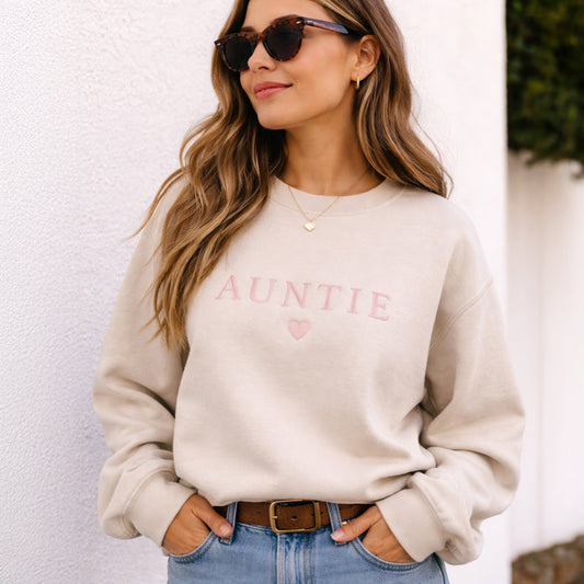 Personalized Auntie crewneck sweatshirt made from soft fleece lined poly cotton blend