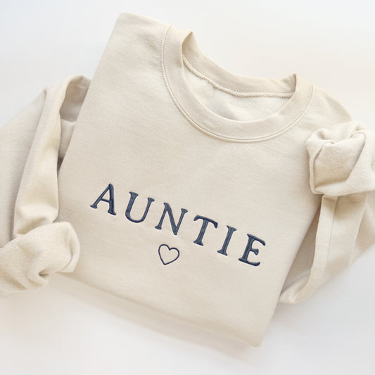 Personalized Auntie crewneck sweatshirt made from soft fleece lined poly cotton blend