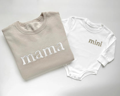 mama dad mini matching baby onesie bodysuit sweatshirts pullovers crewnecks family matching baby shower gift newborn coming home from hospital outfit sister brother sibling neutral matching