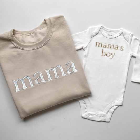 army green mama sweatshirt matching white baby onesie mini embroidered embroidery crewneck pullover mommy and me set baby shower gift baby boy mamas boy