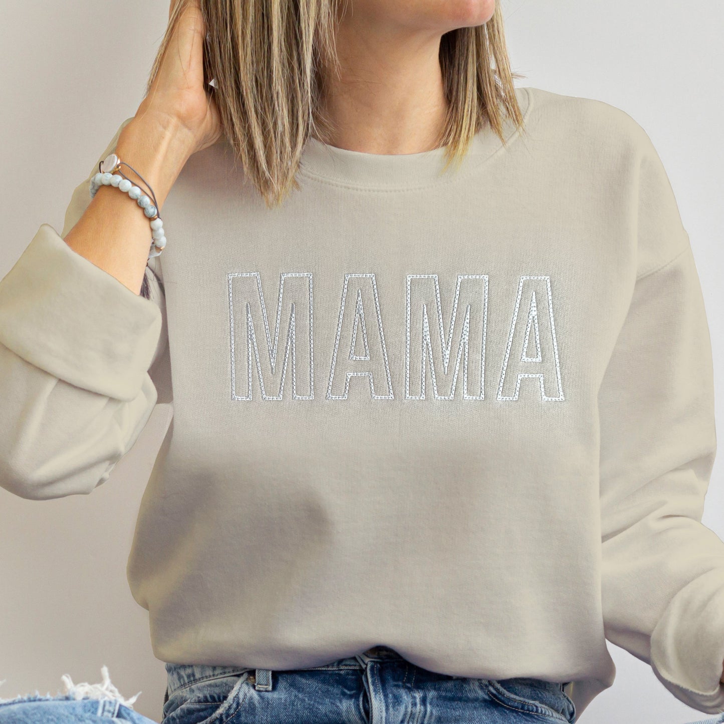 army green mama sweatshirt matching white baby onesie mini embroidered embroidery crewneck pullover mommy and me set baby shower gift baby boy mamas boy