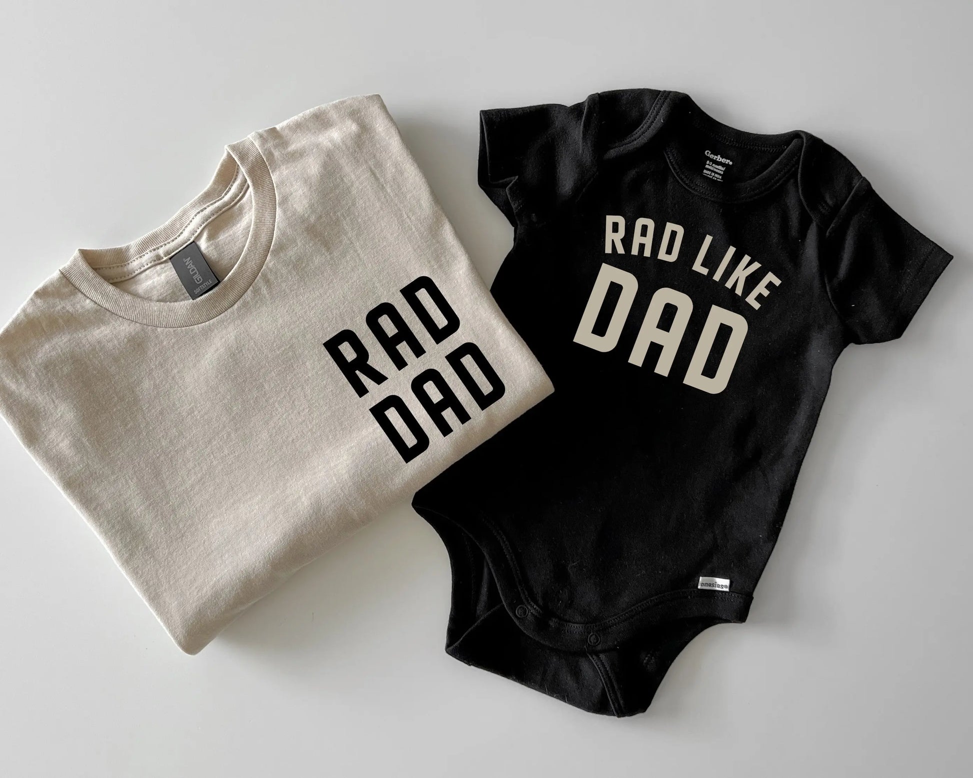 rad dad rad like dad neutral baby onesies bodysuits t shirts matching daddy and me dad and son or daughter twinning beige black white