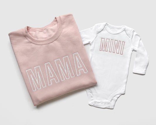 blush pink baby girl newborn gift mama mini embroidery embroidered sweatshirt and onesie bodysuit mommy and me matching outfits coming home from the hospital pullover crewneck hoodie twinning 
