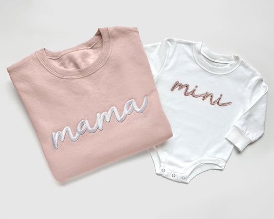 blush pink mama and mini matching mother daughter matching sweatshirts, onesies , bubble rompers and toddler sweatshirts gift for new moms