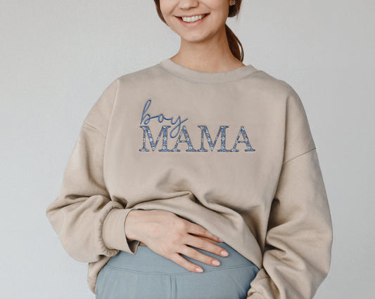 boy mama embroidered sweatshirt with blue floral embroidery gift for new mom on model