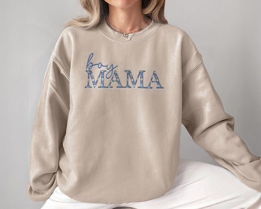 Boy Mama Embroidered Sweatshirt with Blue Chinoiserie Floral Embroidery