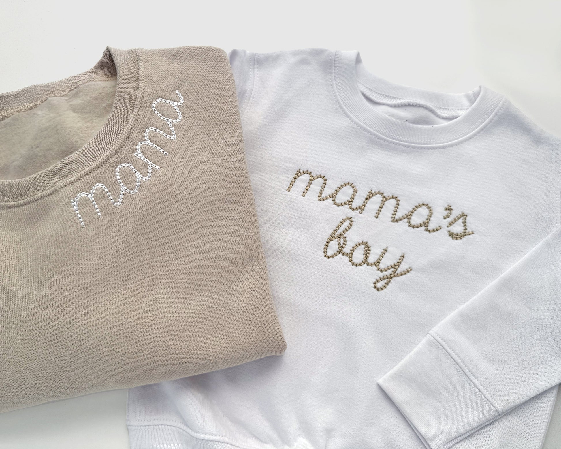 chain stitch neckline mama and mini embroidery neutral mommy and me mother daughter matching outfits embroidered crewneck pullover bubble romper baby shower gift
