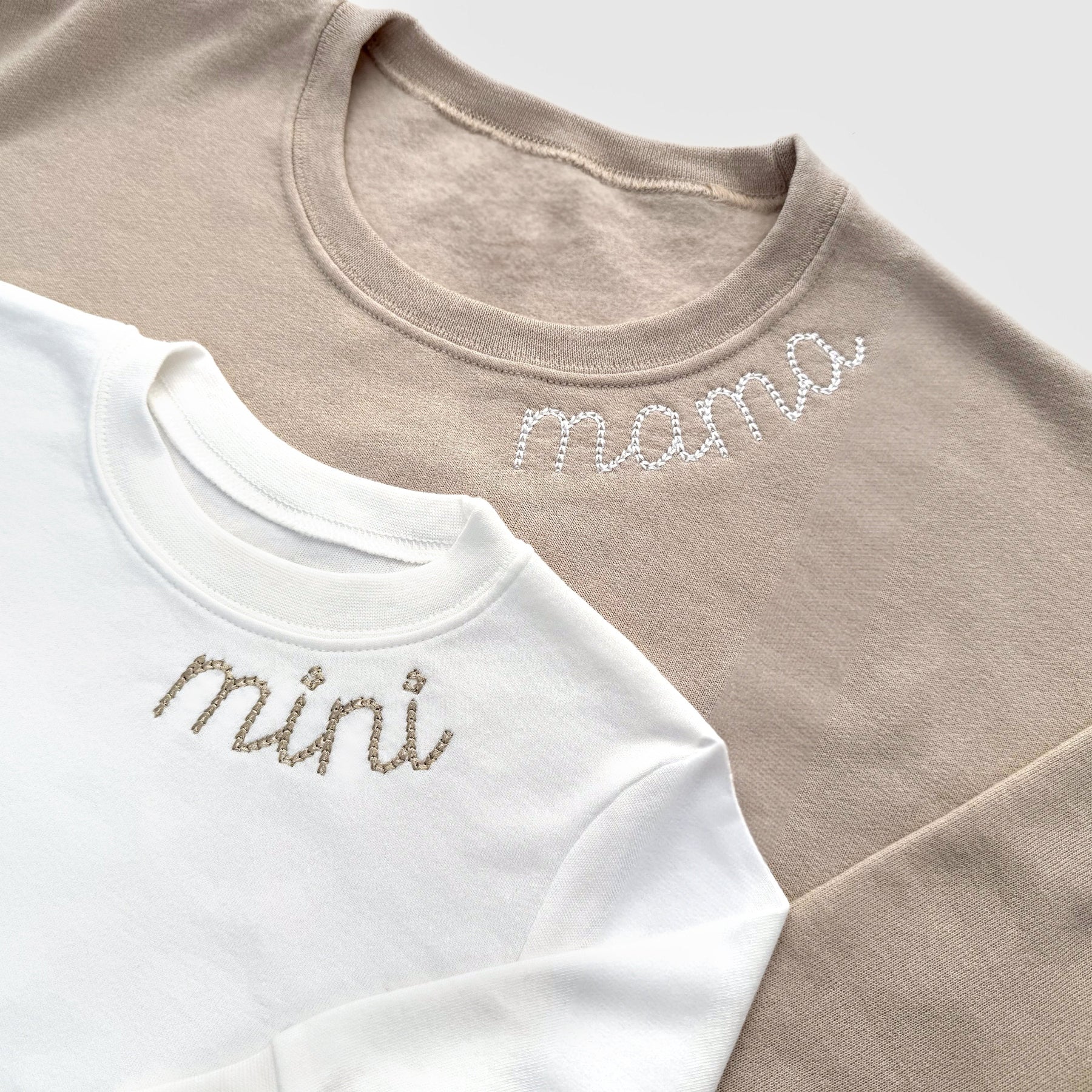 chain stitch neckline mama and mini embroidery neutral mommy and me mother daughter matching outfits embroidered crewneck pullover bubble romper baby shower gift