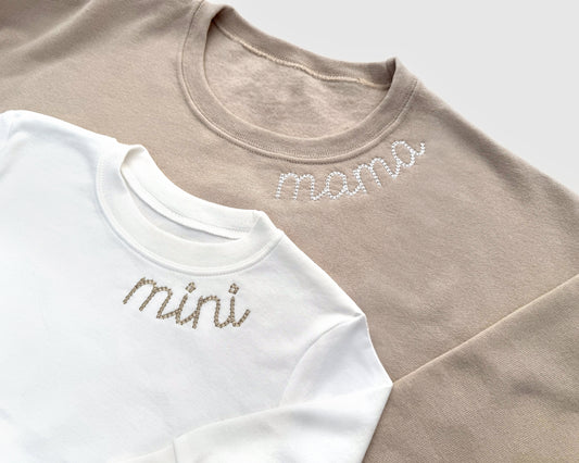 chain stitch neckline mama and mini embroidery neutral mommy and me mother daughter matching outfits embroidered crewneck pullover bubble romper baby shower gift