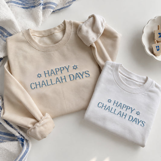 Happy Challah Days Embroidered Hanukkah Matching Family Sweatshirts & Baby Outfits