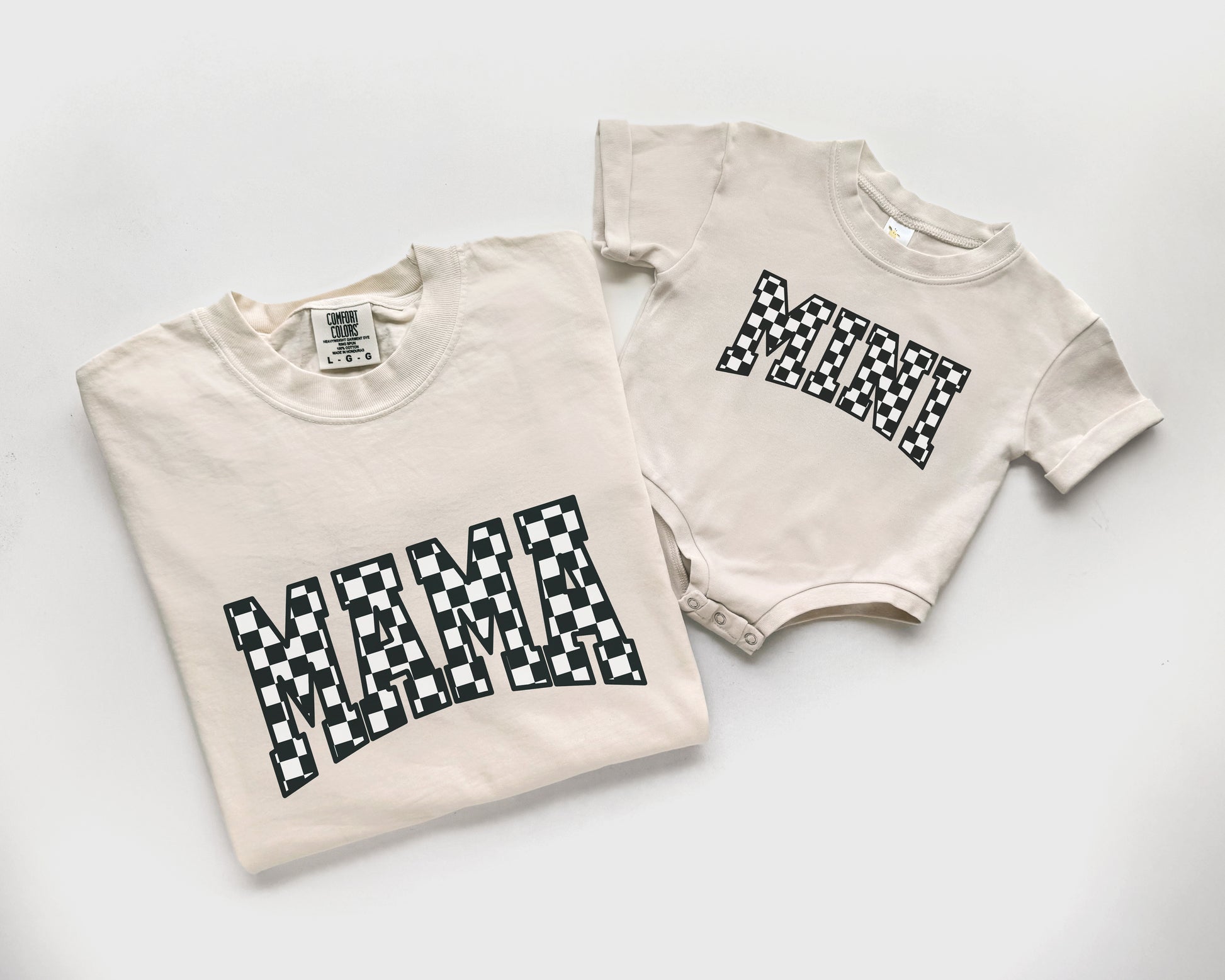 mother daughter matching outfits mommy and me mama and mini shirt set in cream with checkerboard pattern bubble romper