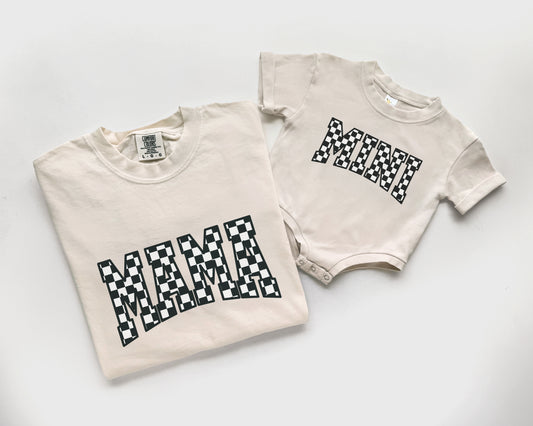 mother daughter matching outfits mommy and me mama and mini shirt set in cream with checkerboard pattern bubble romper