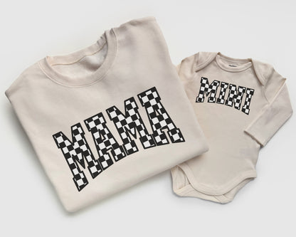 cream mama and mini checkerboard sweatshirts, mother daughter matching outfits adult sweatshirt