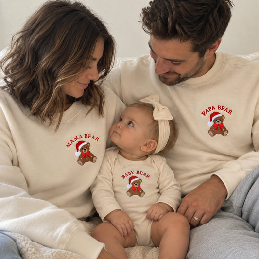 Mama Bear, Papa Bear & Baby Bear Christmas Matching Family Set | Embroidered Christmas Sweatshirts & Baby Outfit