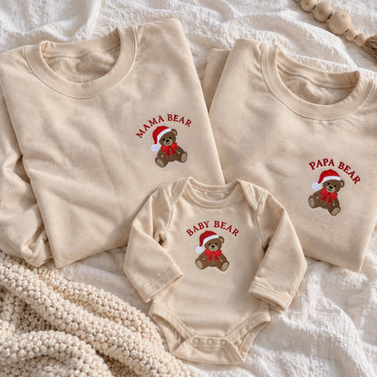 Mama Bear, Papa Bear & Baby Bear Christmas Matching Family Set | Embroidered Christmas Sweatshirts & Baby Outfit