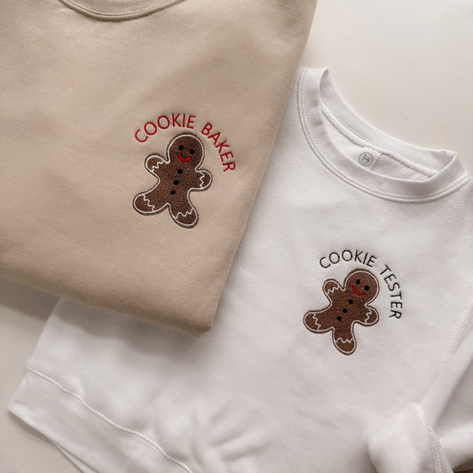 Gingerbread Cookie Embroidered Matching Neutral Holiday Sweatshirts