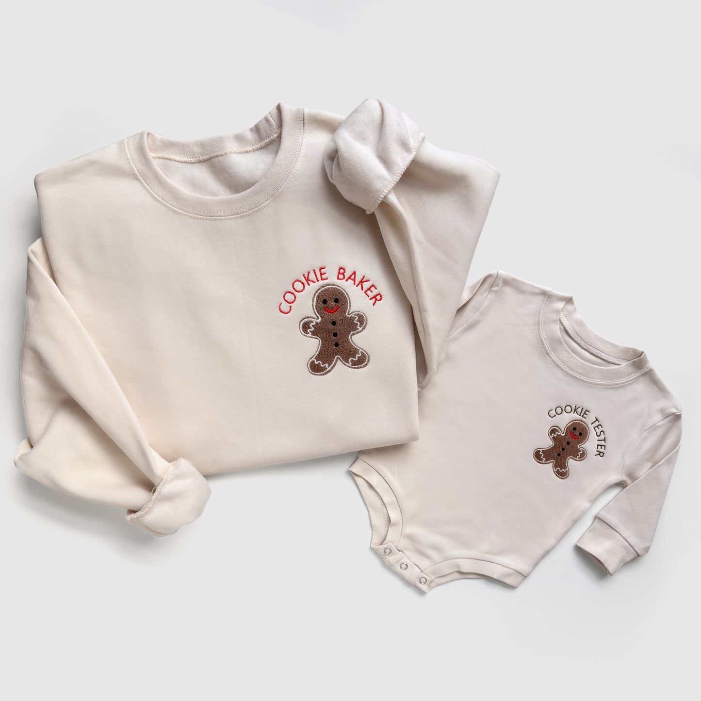 Gingerbread Cookie Embroidered Matching Neutral Holiday Sweatshirts