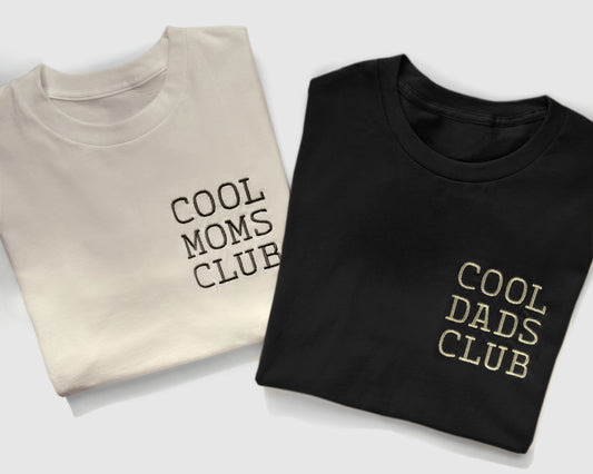 cool moms club cool dads club new mom new dad birthday fathers day mothers day gift new parents baby shower funny shirts for mothers and fathers embroidered embroidery custom personalized neutral cream black white