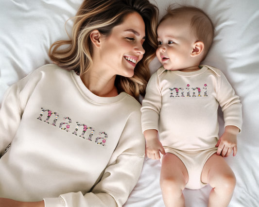 floral flower mama mini mommy and me baby matching neutral cream white baby girl gift newborn baby shower gift new mom birthday mothers day sweatshirts crewneck pullovers onesies bubble rompers