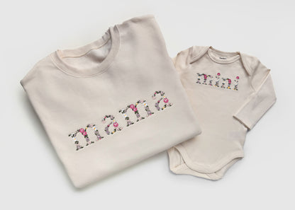 floral flower mama mini mommy and me baby matching neutral cream white baby girl gift newborn baby shower gift new mom birthday mothers day sweatshirts crewneck pullovers onesies bubble rompers
