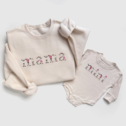 floral flower mama mini mommy and me baby matching neutral cream white baby girl gift newborn baby shower gift new mom birthday mothers day sweatshirts crewneck pullovers onesies bubble rompers