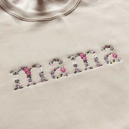 Close up of floral embroidery on mama and mini matching outfits