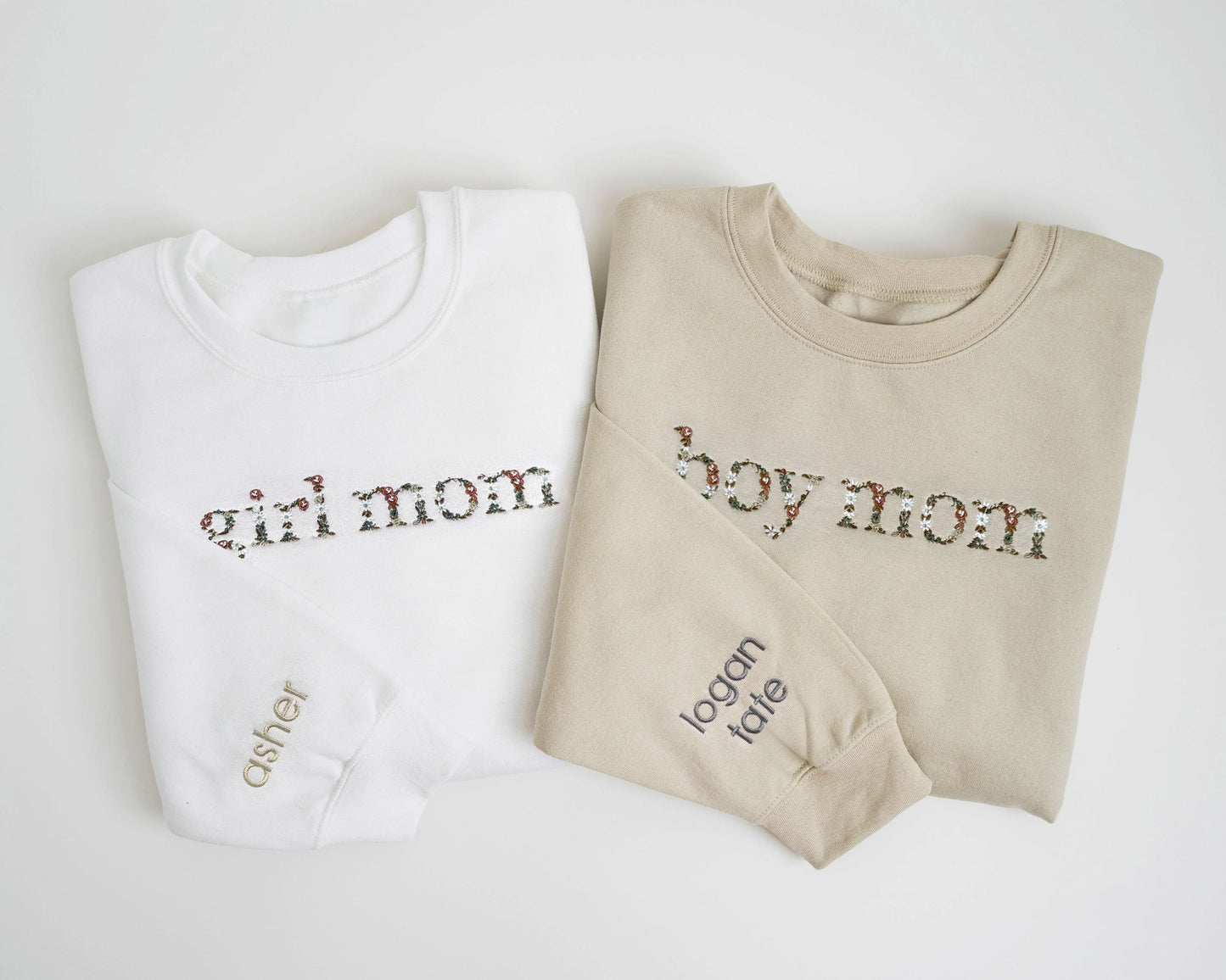 neutral floral girl mom boy mom embroidered sweatshirts cream beige white sleeve embroidery new mom mothers day gift