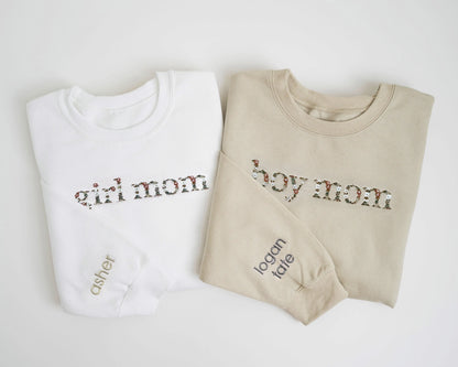 neutral floral girl mom boy mom embroidered sweatshirts cream beige white sleeve embroidery new mom mothers day gift