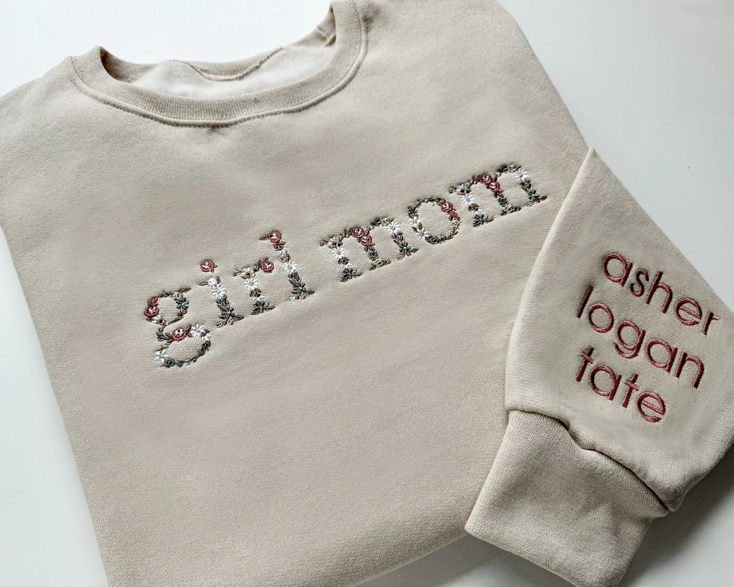 neutral floral girl mom boy mom embroidered sweatshirts cream beige white sleeve embroidery new mom mothers day gift