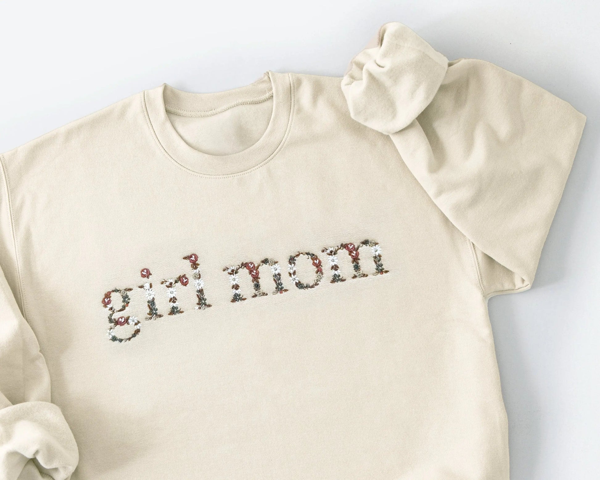 neutral floral girl mom boy mom embroidered sweatshirts cream beige white sleeve embroidery new mom mothers day gift