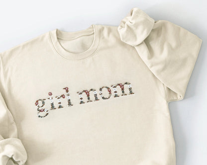 neutral floral girl mom boy mom embroidered sweatshirts cream beige white sleeve embroidery new mom mothers day gift