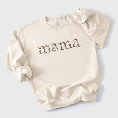 Neutral Floral Embroidered Mom Sweatshirt with Sleeve Embroidery Gift For New Mom