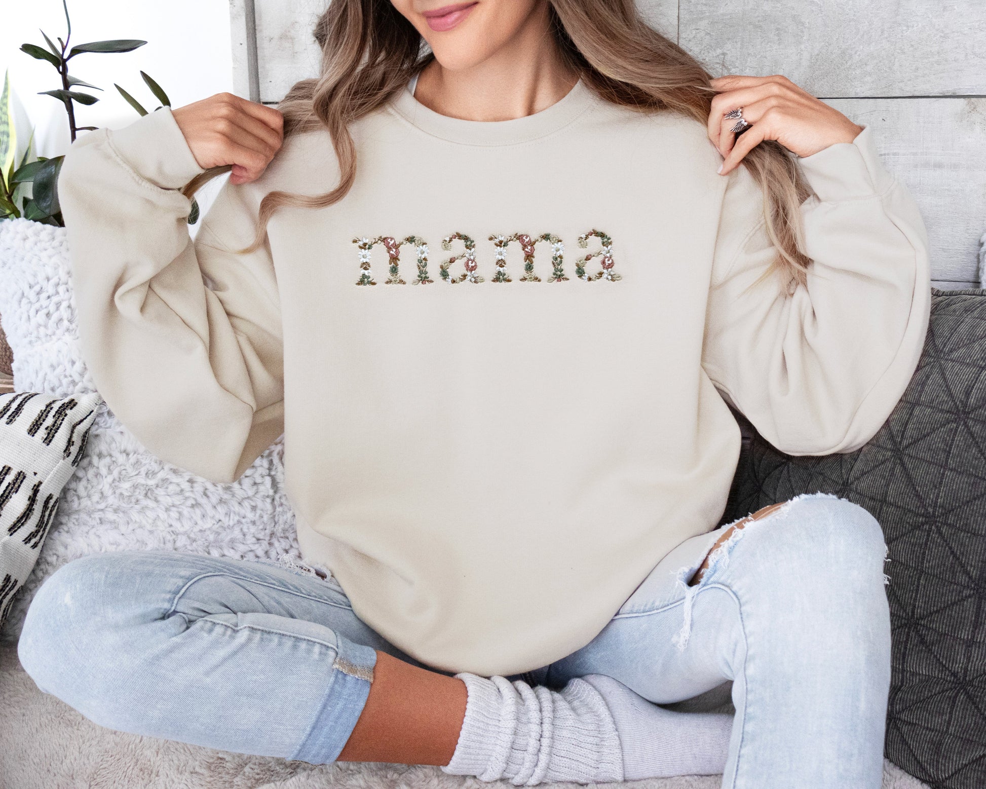 Neutral Floral Embroidered Mom Sweatshirt with Sleeve Embroidery Summer & Bash
