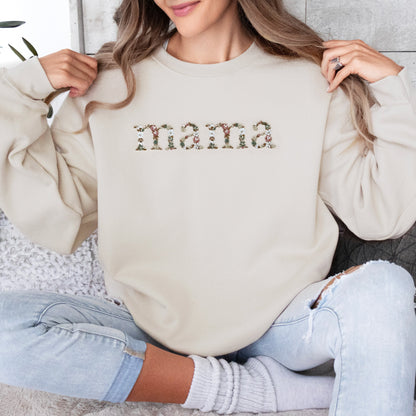 Neutral Floral Embroidered Mom Sweatshirt with Sleeve Embroidery Summer & Bash