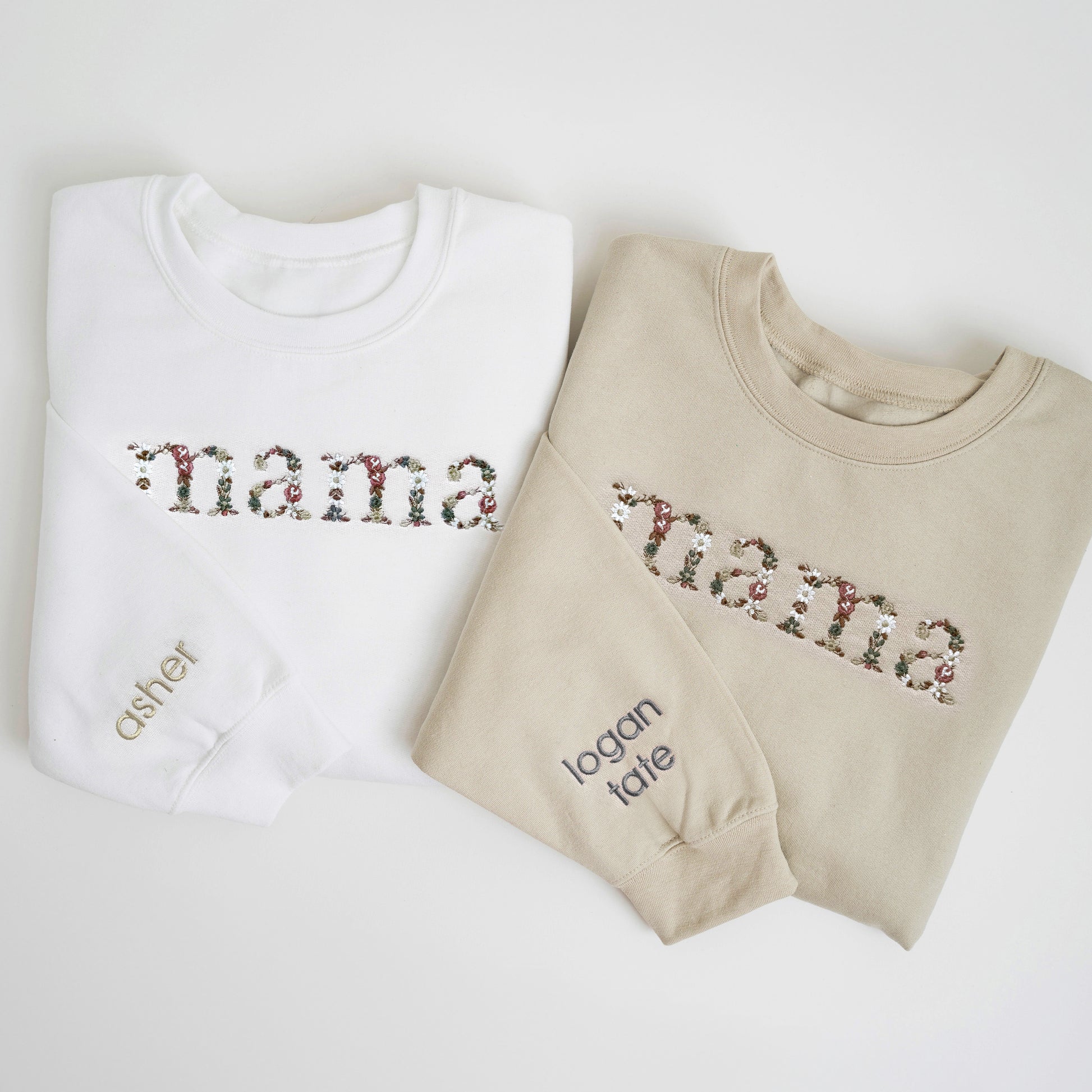 Neutral Floral Embroidered Mom Sweatshirt with Sleeve Embroidery, new mom sweatshirt, mother sweatshirt, gift for new mom, new mom gift, mama sweater