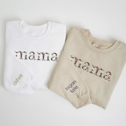 Neutral Floral Embroidered Mom Sweatshirt with Sleeve Embroidery, new mom sweatshirt, mother sweatshirt, gift for new mom, new mom gift, mama sweater
