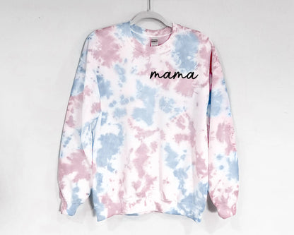 mom mama dad dada gender reveal tie dye sweatshirt tee t-shirt baby reveal pregnancy announcement party outfits pink blue white gender neutral
