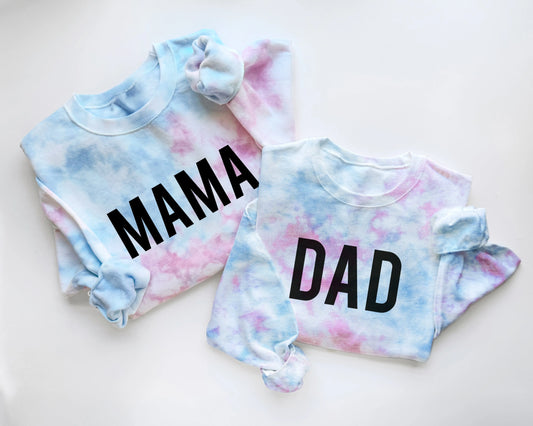 mom mama dad dada gender reveal tie dye sweatshirt tee t-shirt baby reveal pregnancy announcement party outfits pink blue white gender neutral