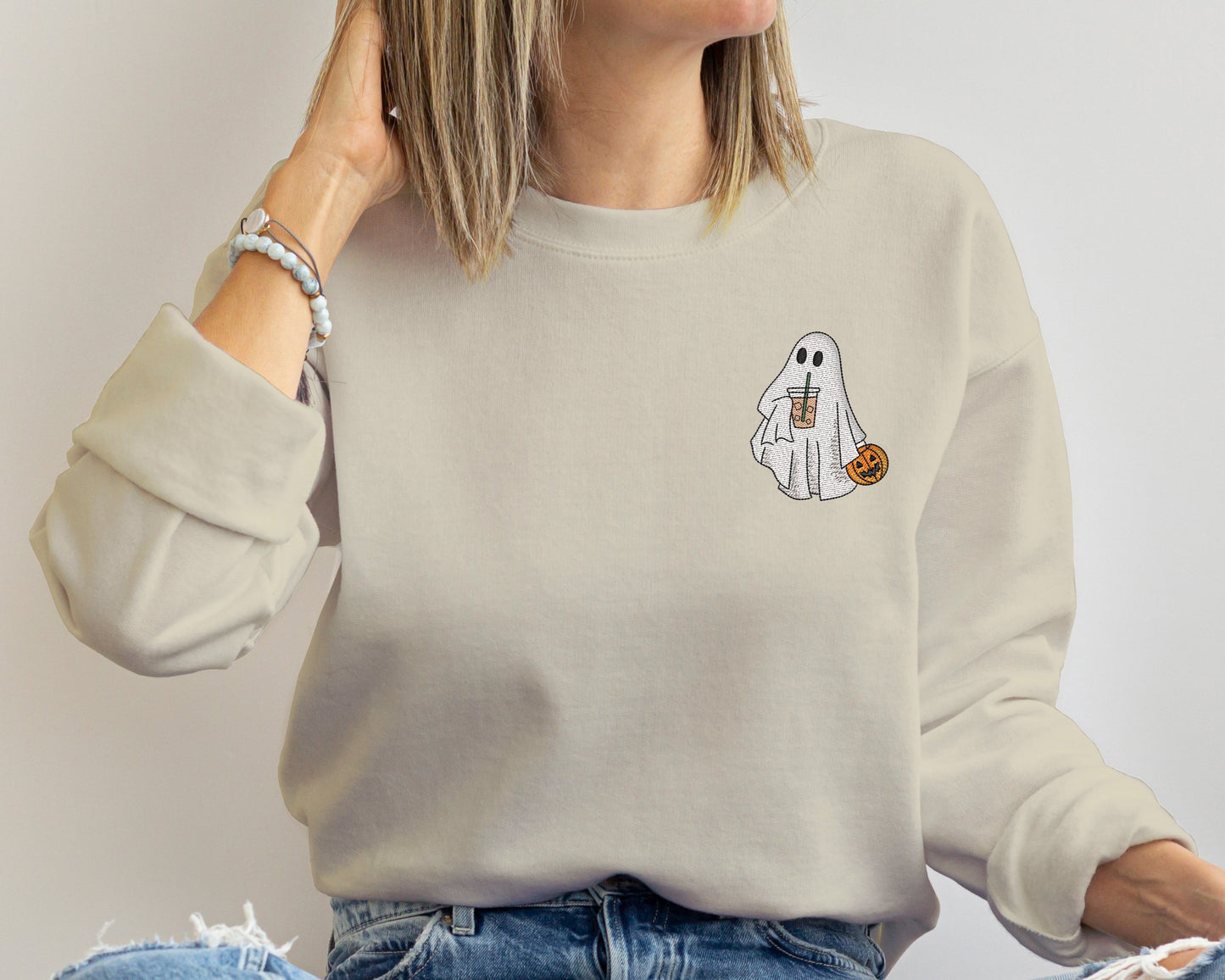 Embroidered Iced Coffee Ghost Funny Halloween Sweatshirt