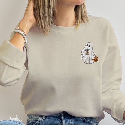 Embroidered Iced Coffee Ghost Funny Halloween Sweatshirt