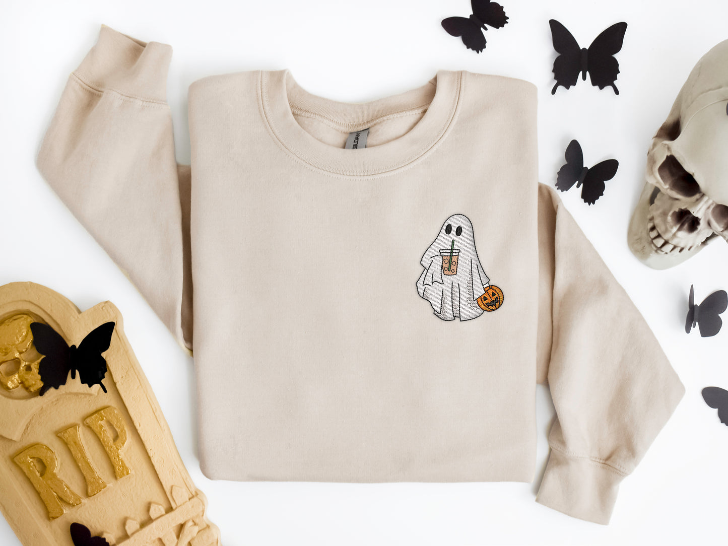 Embroidered Iced Coffee Ghost Funny Halloween Sweatshirt