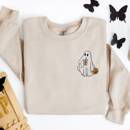 Embroidered Iced Coffee Ghost Funny Halloween Sweatshirt