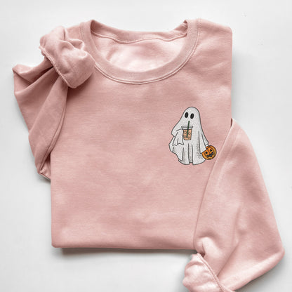 Embroidered Iced Coffee Ghost Funny Halloween Sweatshirt
