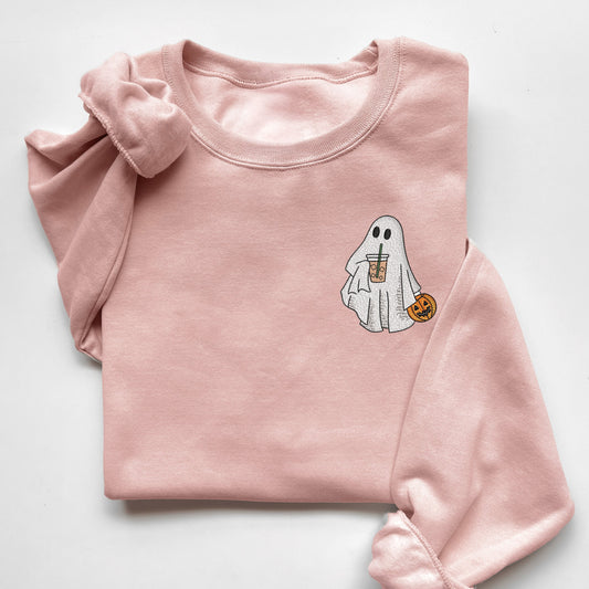 Embroidered Iced Coffee Ghost Funny Halloween Sweatshirt