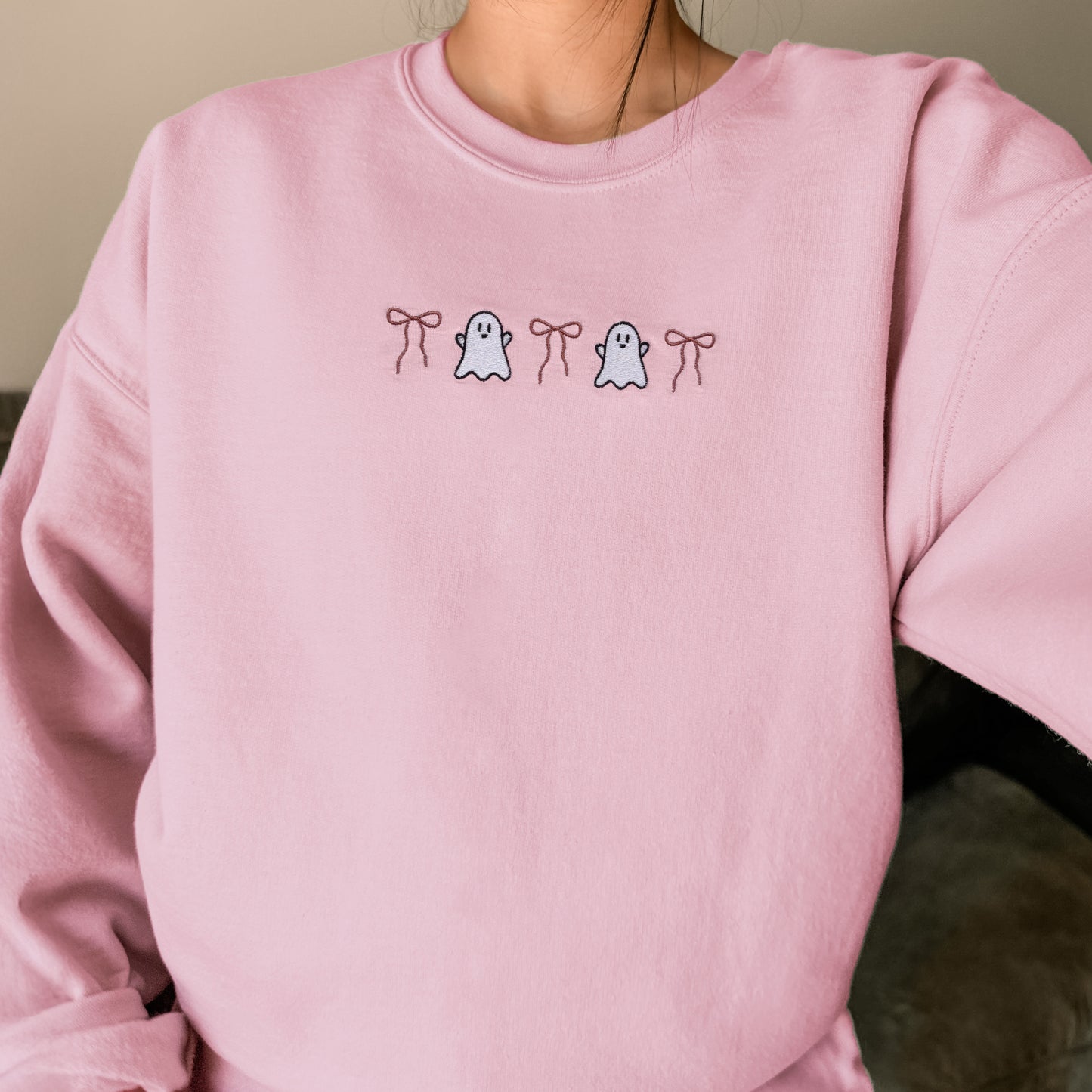 Pink Ghost & Bow Embroidered Sweatshirt | Coquette Halloween Crewneck | Unisex Fleece Sweatshirt