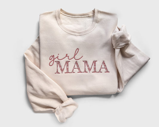 girl mama embroidered sweatshirt with pink floral embroidery gift for new mom on table folded