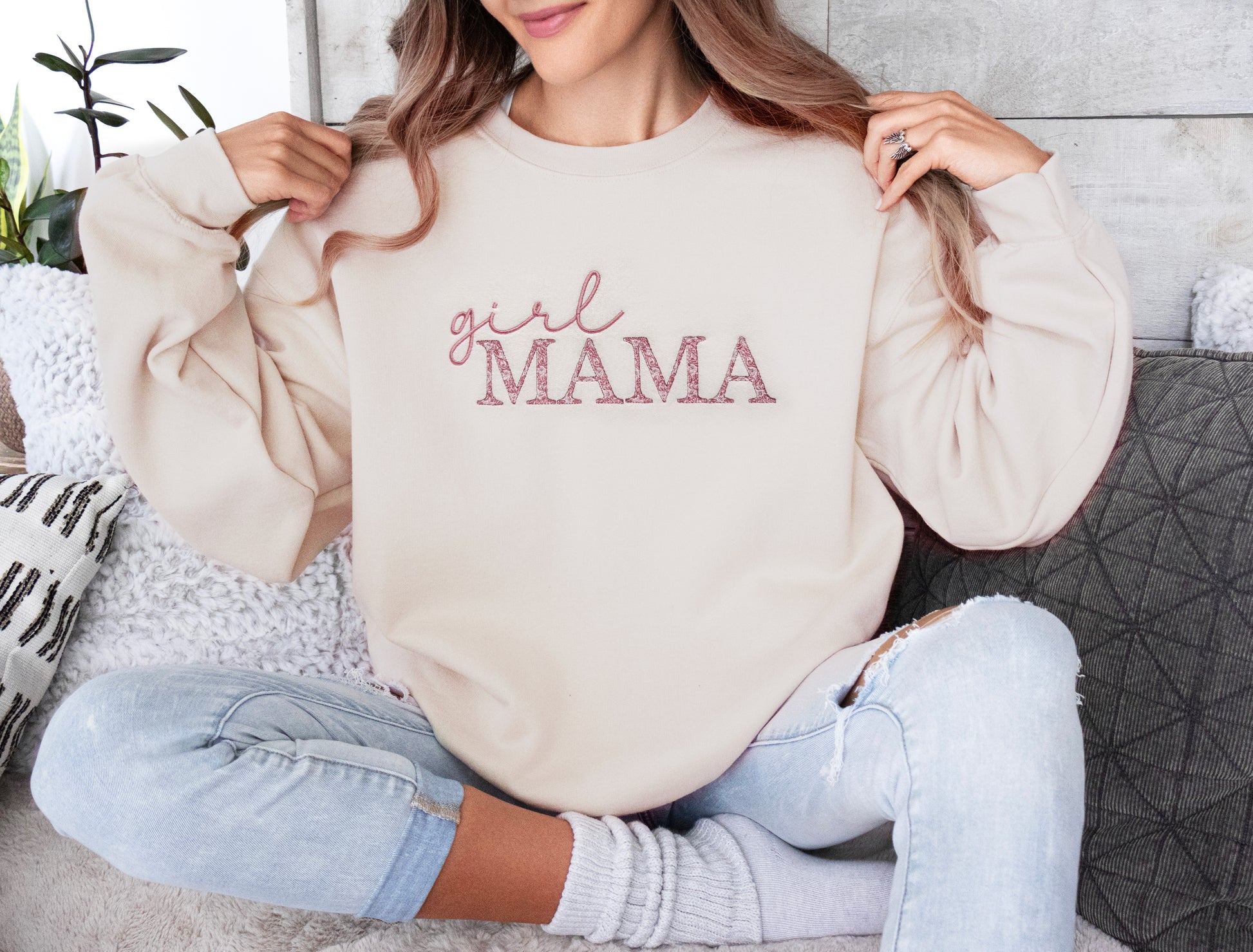 girl mama embroidered sweatshirt with pink floral embroidery gift for new mom on model